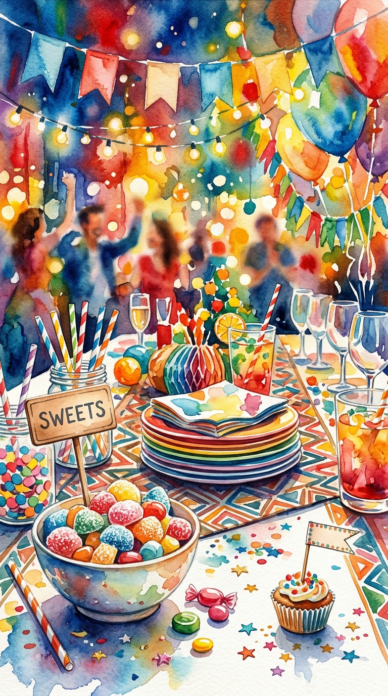 Watercolor illustration of a party table with decorations, close-up detail with shallow depth of field, vivid colors, high contrast, energetic, 9:16 aspect ratio