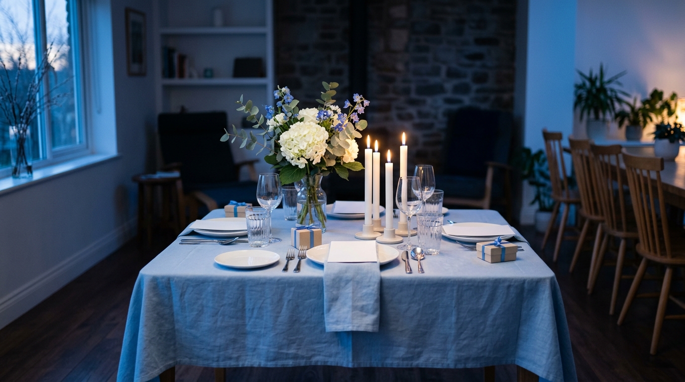 Photorealistic photo of a party table with decorations, centered subject with a simple uncluttered composition, cool blue tones, quiet atmosphere, 16:9 aspect ratio