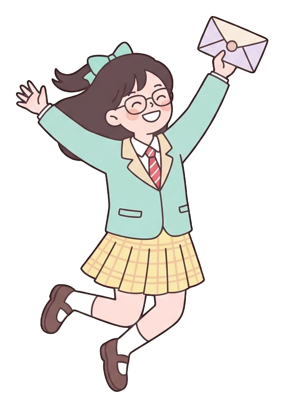 Simple cute flat cartoon illustration with soft pastel colors and thin clean dark outlines of a high school girl, student jumping with joy holding an acceptance letter, transparent background PNG