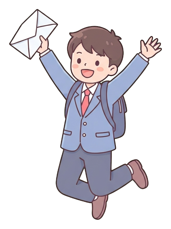 Simple cute flat cartoon illustration with soft pastel colors and thin clean dark outlines of a high school boy, student jumping with joy holding an acceptance letter, transparent background PNG
