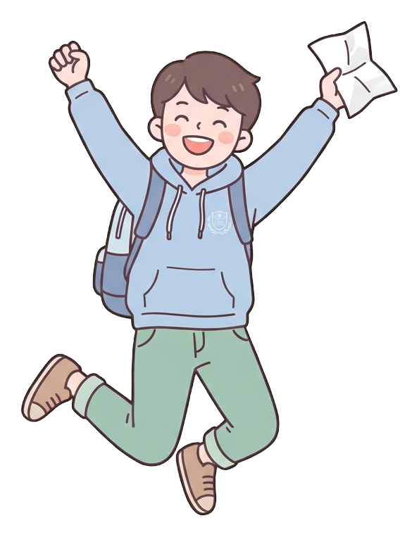 Simple cute flat cartoon illustration with soft pastel colors and thin clean dark outlines of a university student man, student jumping with joy holding an acceptance letter, transparent background PNG