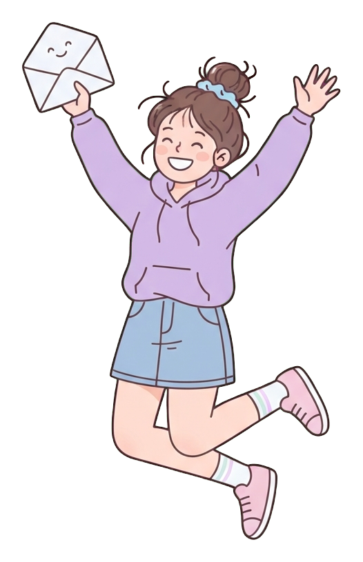 Simple cute flat cartoon illustration with soft pastel colors and thin clean dark outlines of a university student woman, student jumping with joy holding an acceptance letter, transparent background PNG
