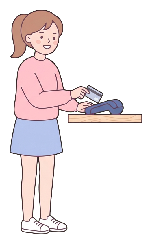 Simple cute flat cartoon illustration with soft pastel colors and thin clean dark outlines of a young woman, person paying with a credit card at a counter, transparent background PNG