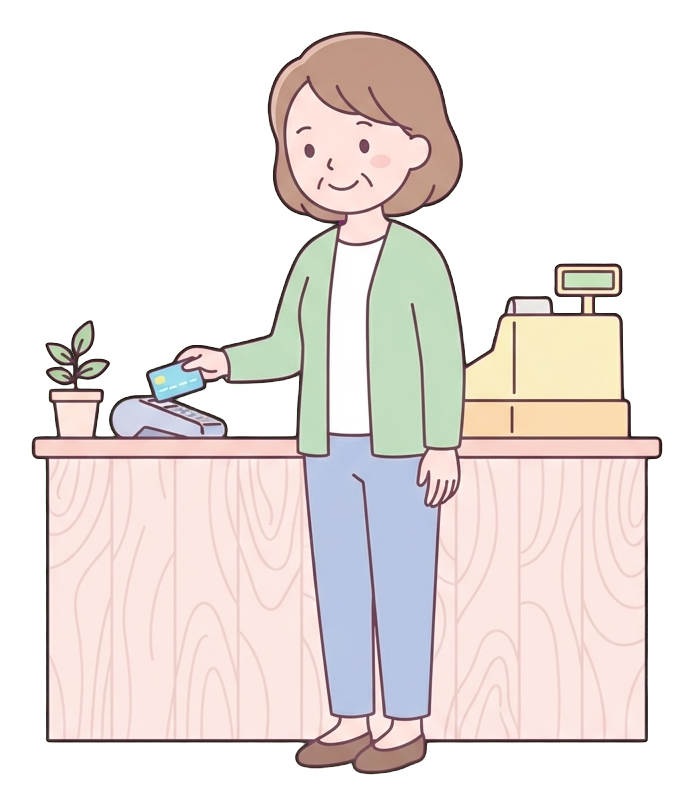 Simple cute flat cartoon illustration with soft pastel colors and thin clean dark outlines of a middle-aged woman, person paying with a credit card at a counter, transparent background PNG