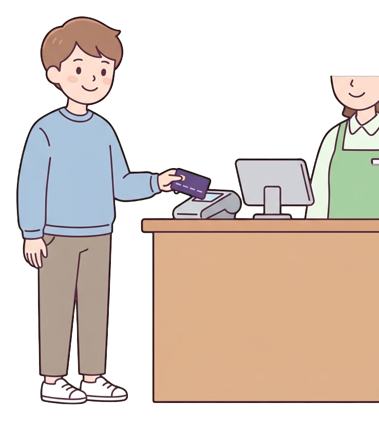 Simple cute flat cartoon illustration with soft pastel colors and thin clean dark outlines of a young man, person paying with a credit card at a counter, transparent background PNG