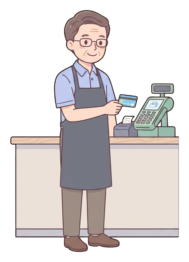 Simple cute flat cartoon illustration with soft pastel colors and thin clean dark outlines of a middle-aged man, person paying with a credit card at a counter, transparent background PNG