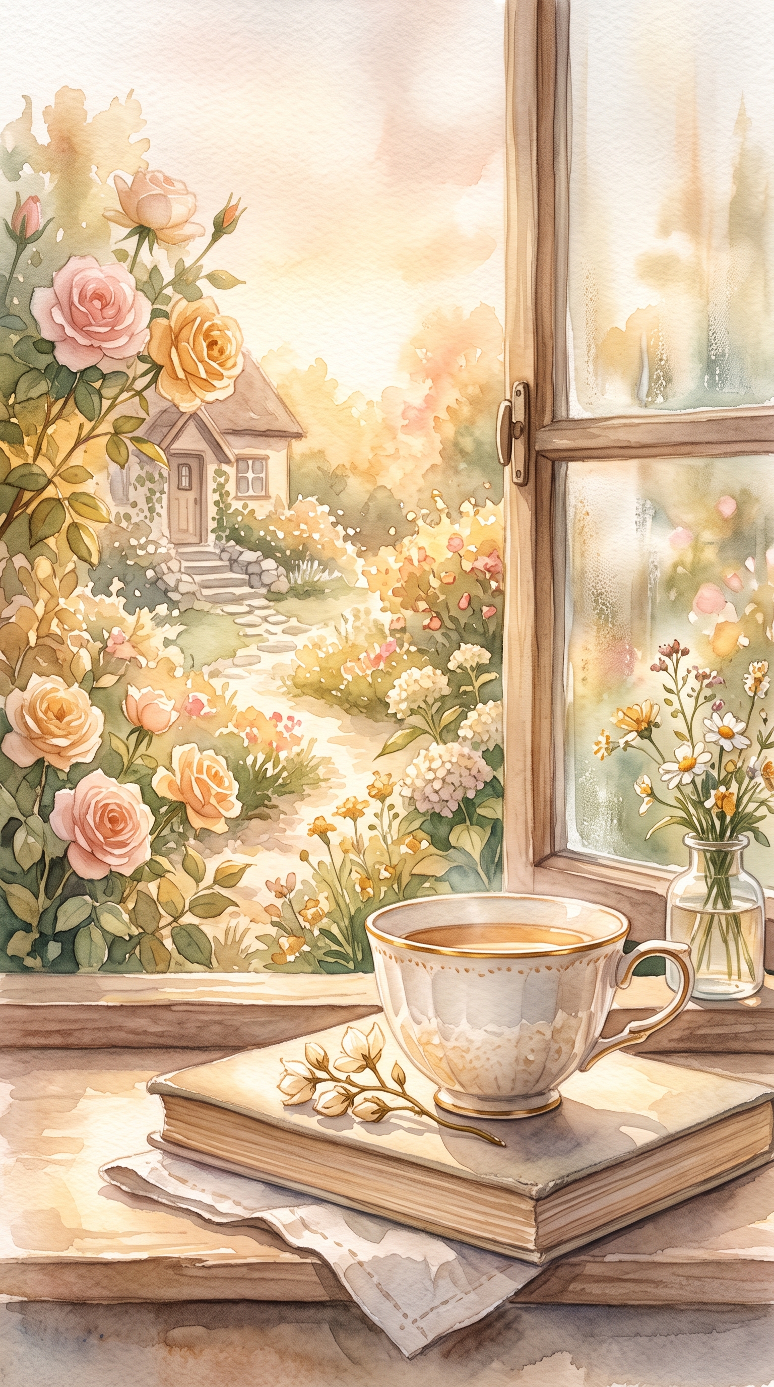 Watercolor illustration of aesthetic dreamy scenery for a phone lock screen, close-up detail with shallow depth of field, warm golden light, calm mood, 9:16 aspect ratio