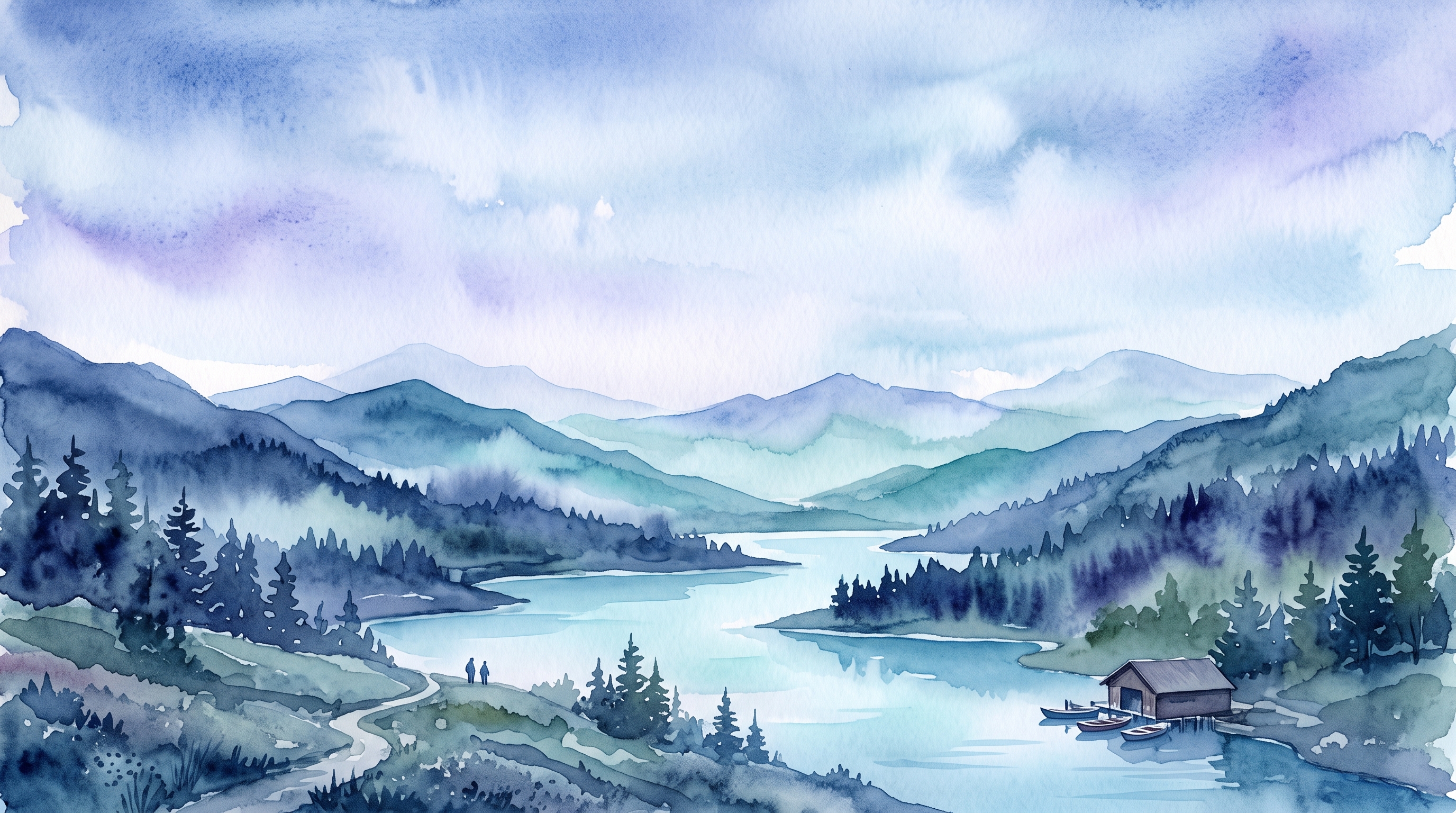 Watercolor illustration of aesthetic dreamy scenery for a phone lock screen, wide shot with open space at the top for text, cool blue tones, quiet atmosphere, 16:9 aspect ratio