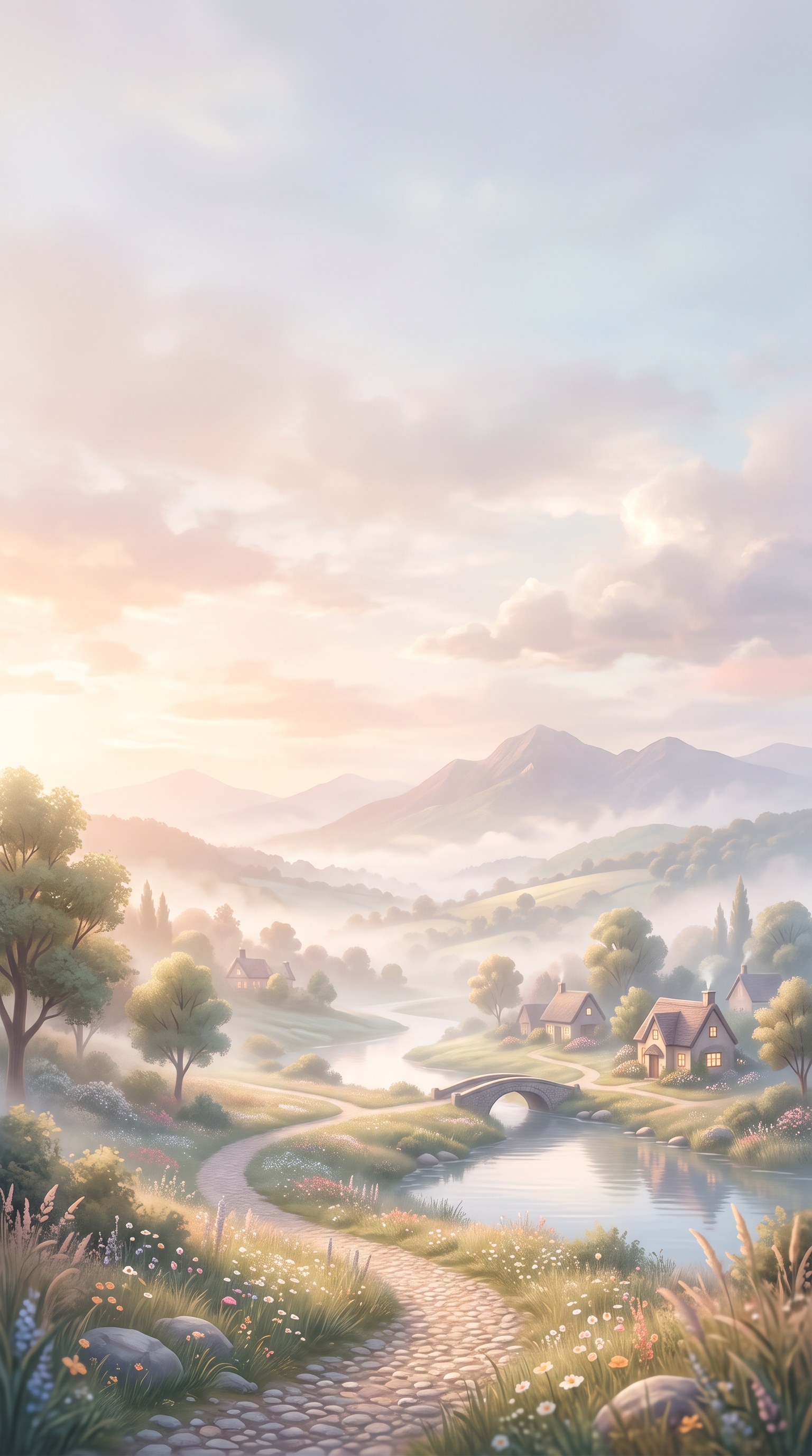Soft 3d render of aesthetic dreamy scenery for a phone lock screen, wide shot with open space at the top for text, misty morning haze, dreamy, 9:16 aspect ratio