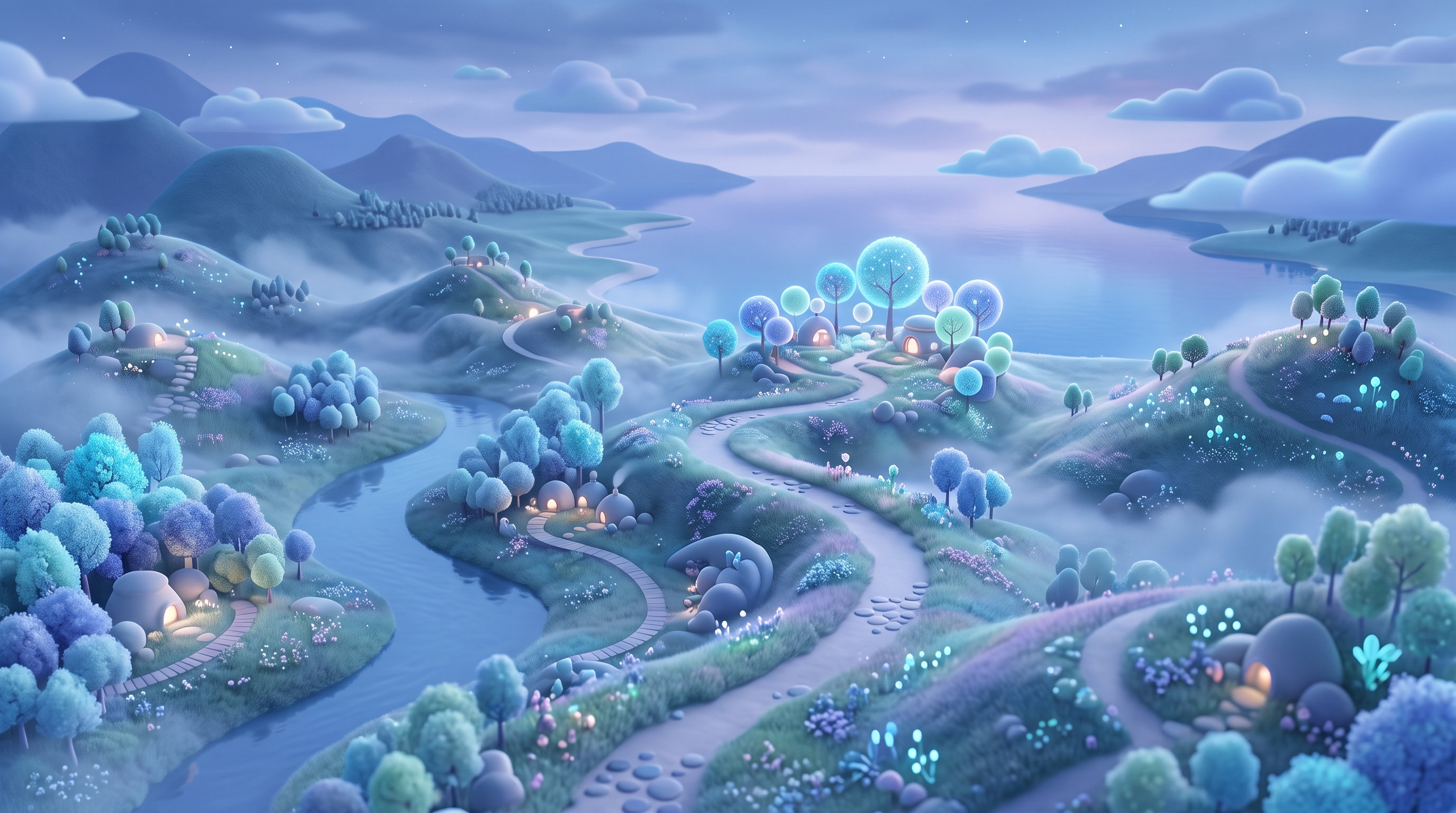 Soft 3d render of aesthetic dreamy scenery for a phone lock screen, high-angle view from above, cool blue tones, quiet atmosphere, 16:9 aspect ratio