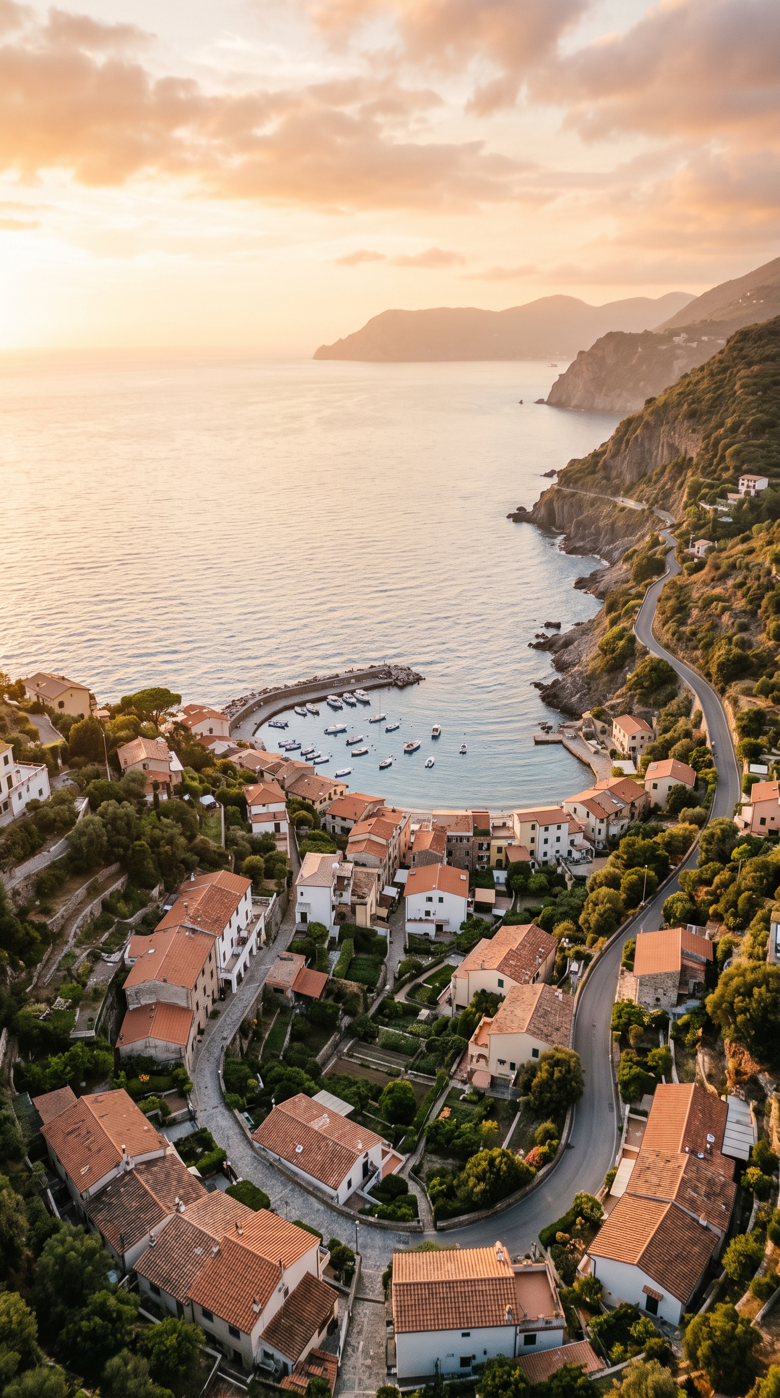 Cinematic film still of aesthetic dreamy scenery for a phone lock screen, high-angle view from above, warm golden light, calm mood, 9:16 aspect ratio