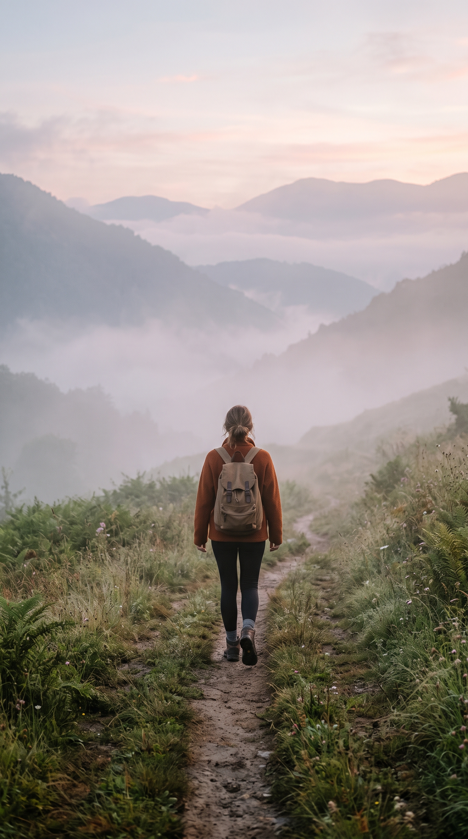Photorealistic photo of aesthetic dreamy scenery for a phone lock screen, centered subject with a simple uncluttered composition, misty morning haze, dreamy, 9:16 aspect ratio