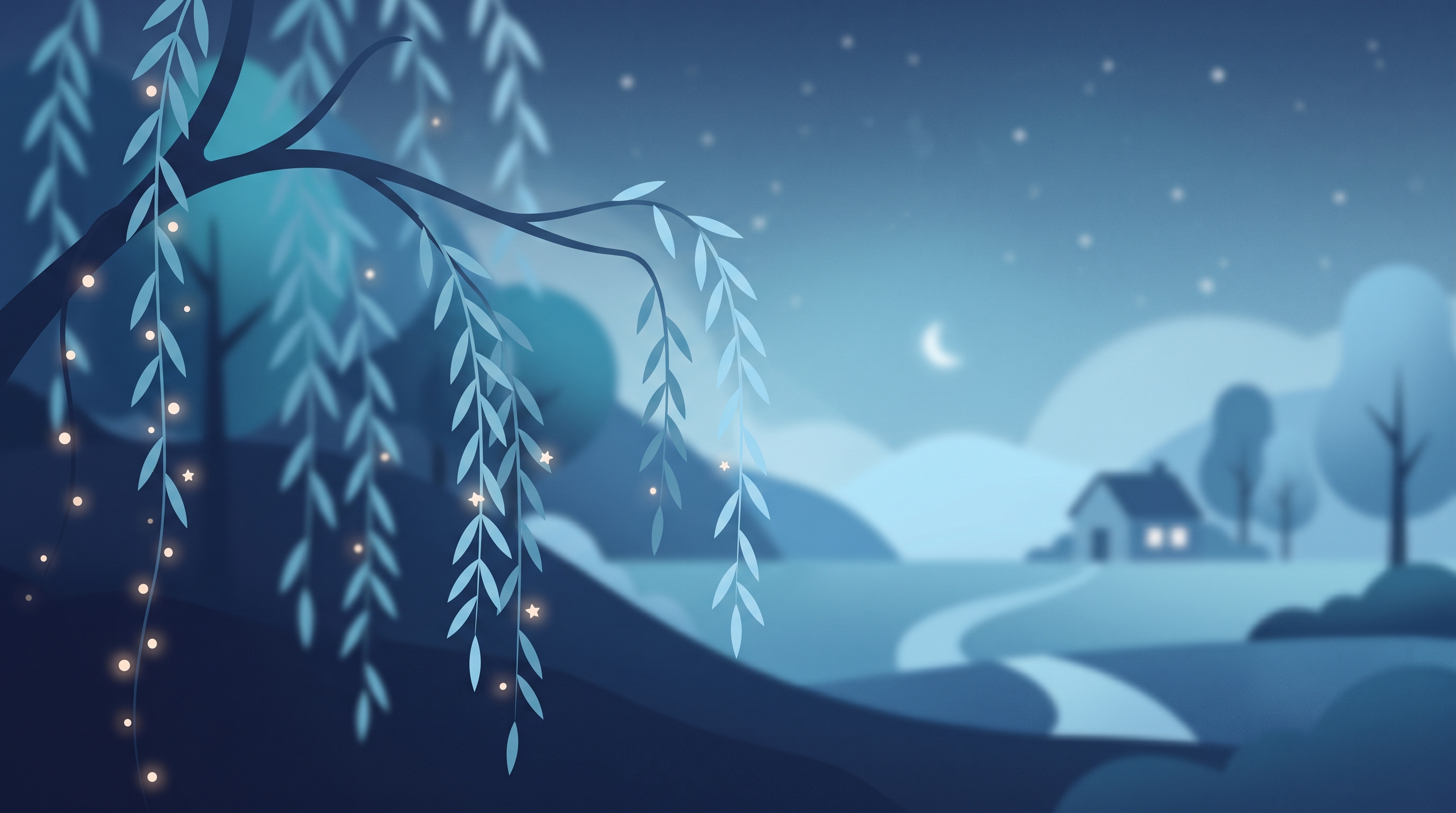 Minimal flat illustration of aesthetic dreamy scenery for a phone lock screen, close-up detail with shallow depth of field, cool blue tones, quiet atmosphere, 16:9 aspect ratio