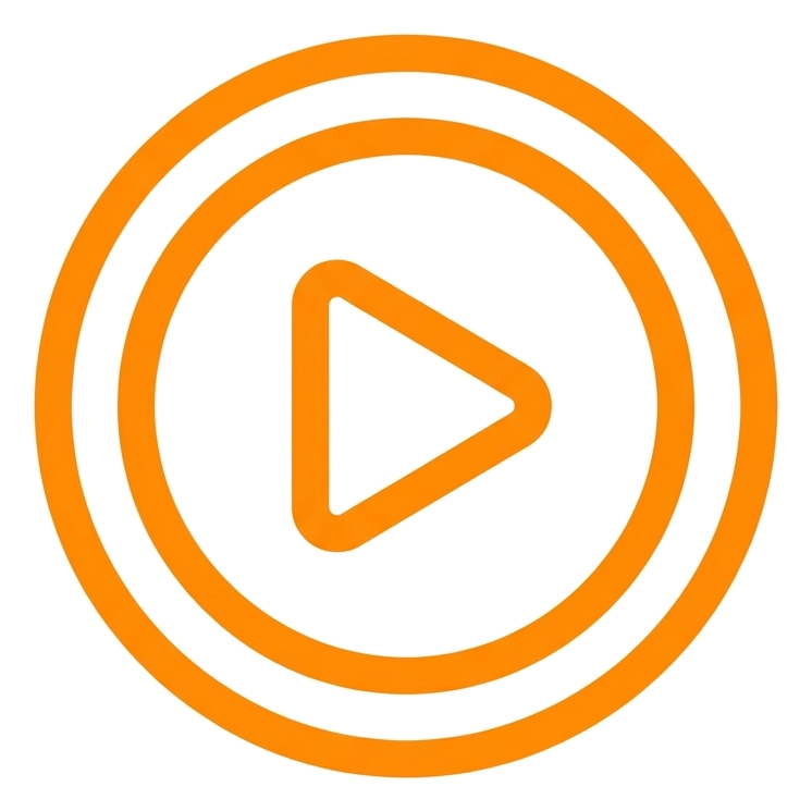 Rounded line icon, thick orange outline of a round play button icon with a triangle, transparent background PNG