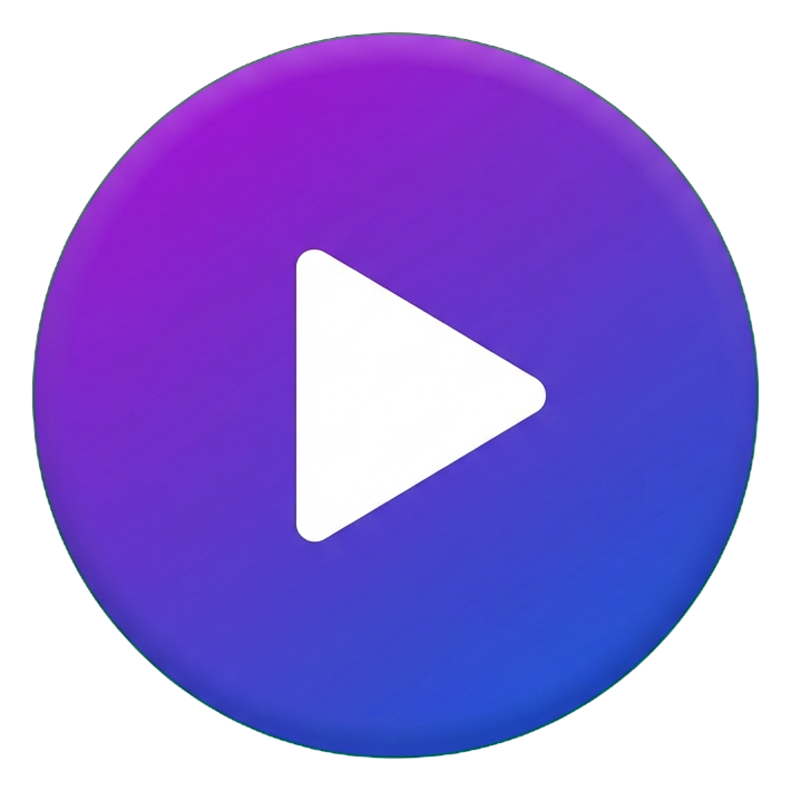 Gradient app-style icon, purple to blue gradient of a round play button icon with a triangle, transparent background PNG