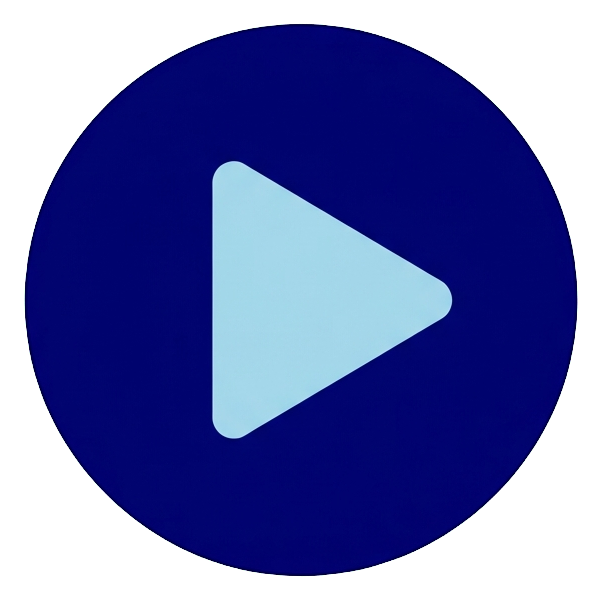 Duotone icon, navy blue and light blue of a round play button icon with a triangle, transparent background PNG