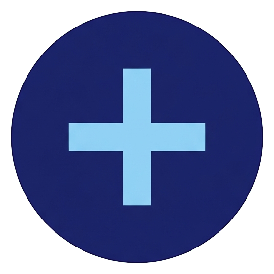 Duotone icon, navy blue and light blue of a round plus add icon, transparent background PNG