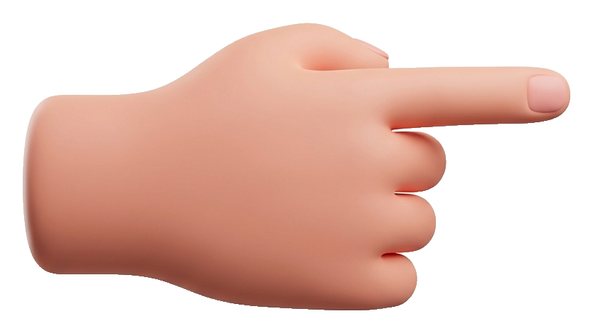 Soft 3D render, pointing right of a cartoon hand with the index finger pointing, transparent background PNG