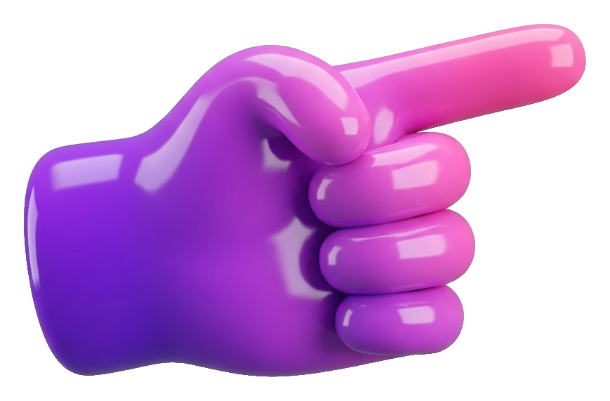 검지로 가리키는 만화풍 손, 광택 3D, 보라·분홍 그라데이션, 투명 배경(누끼) PNG