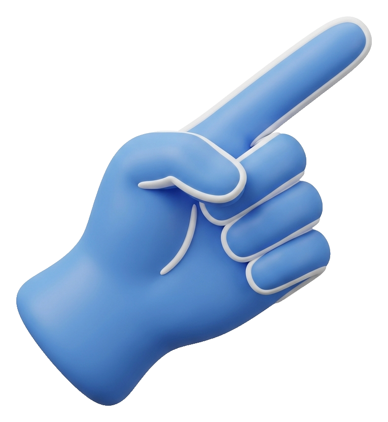 Matte 3D render, blue and white color scheme of a cartoon hand with the index finger pointing, transparent background PNG