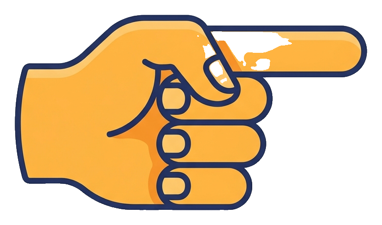 Flat vector icon, bold solid colors of a cartoon hand with the index finger pointing, transparent background PNG