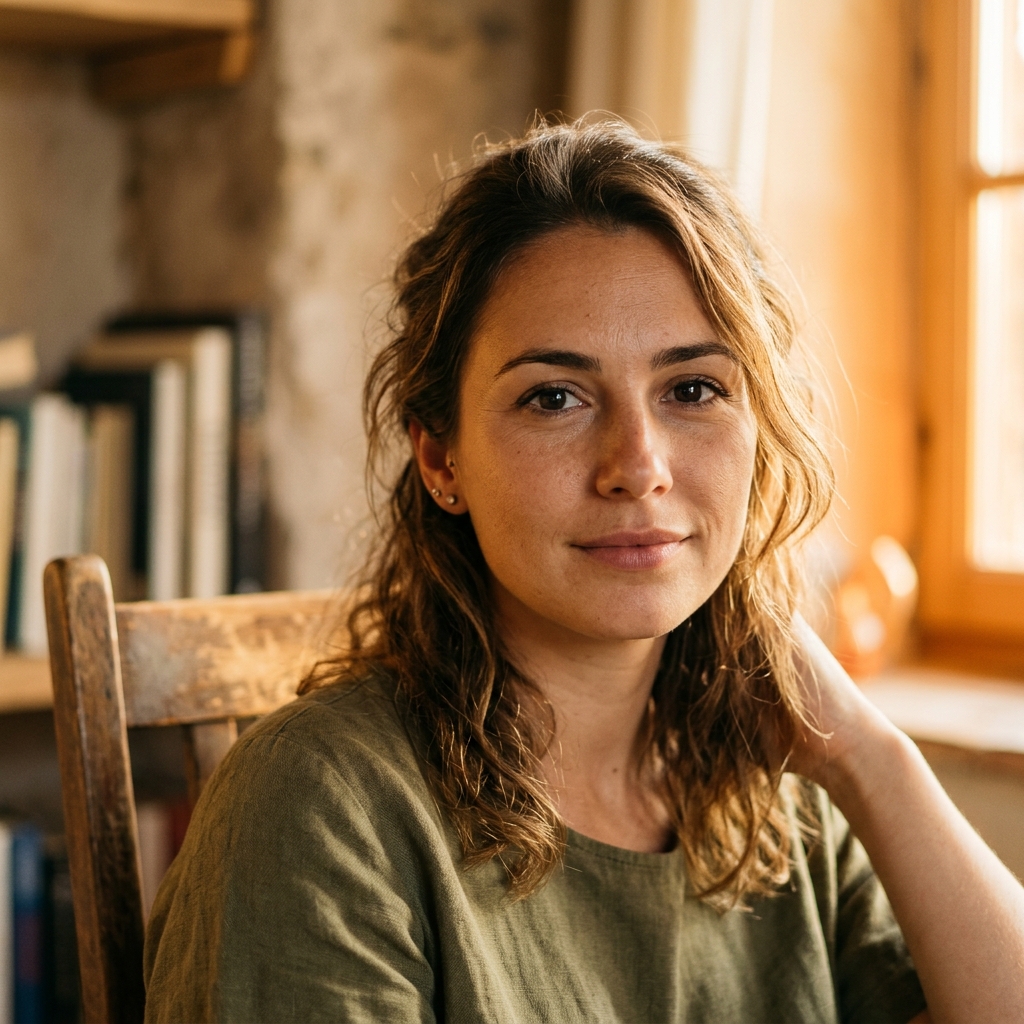 Photorealistic photo of portrait of a fictional person with a natural expression, close-up detail with shallow depth of field, warm golden light, calm mood, 1:1 aspect ratio
