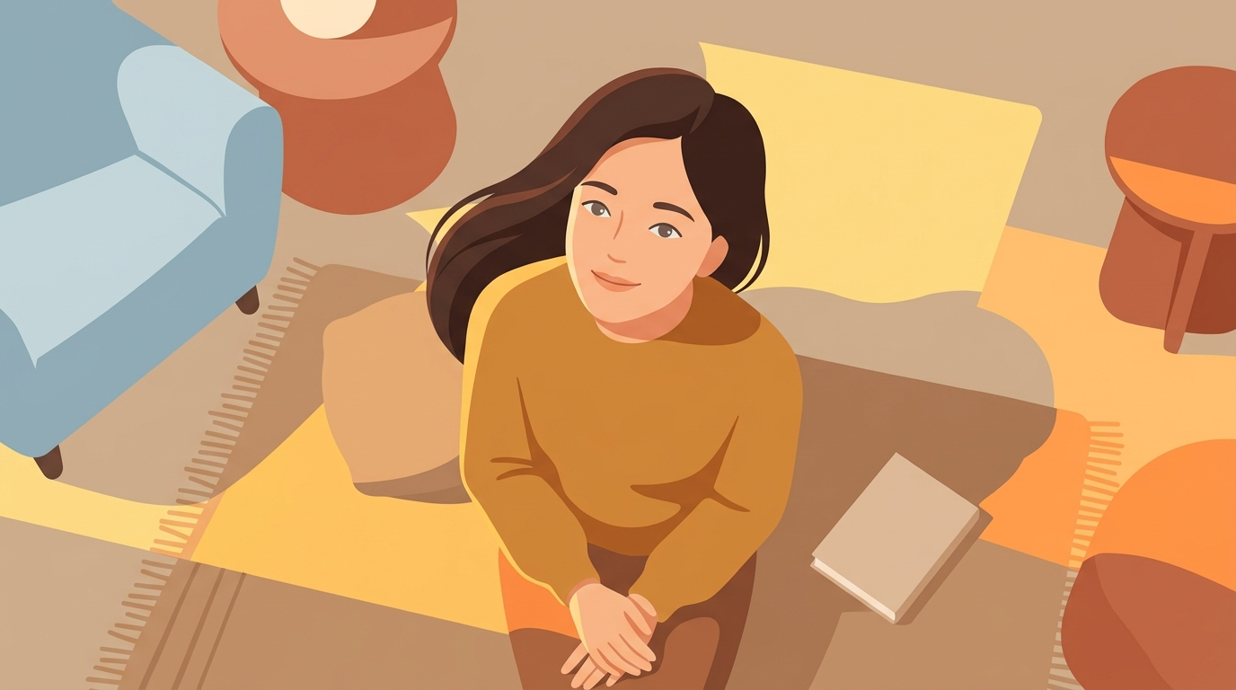 자연스러운 표정의 가상 인물 초상, 미니멀 플랫 일러스트, 위에서 내려다본 구도, 따뜻한 황금빛, 차분한 분위기, 16:9 비율