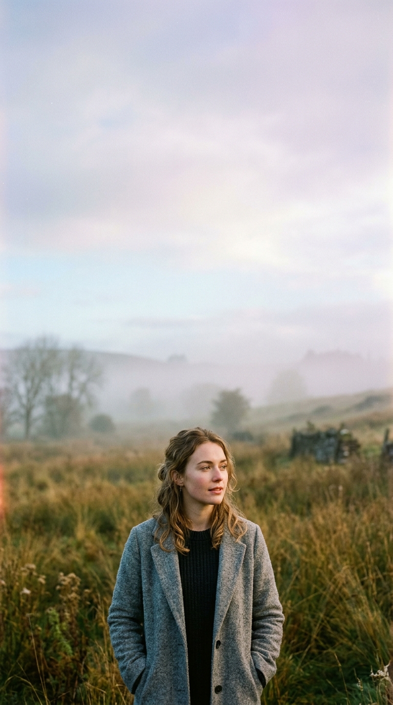 Cinematic film still of portrait of a fictional person with a natural expression, wide shot with open space at the top for text, misty morning haze, dreamy, 9:16 aspect ratio