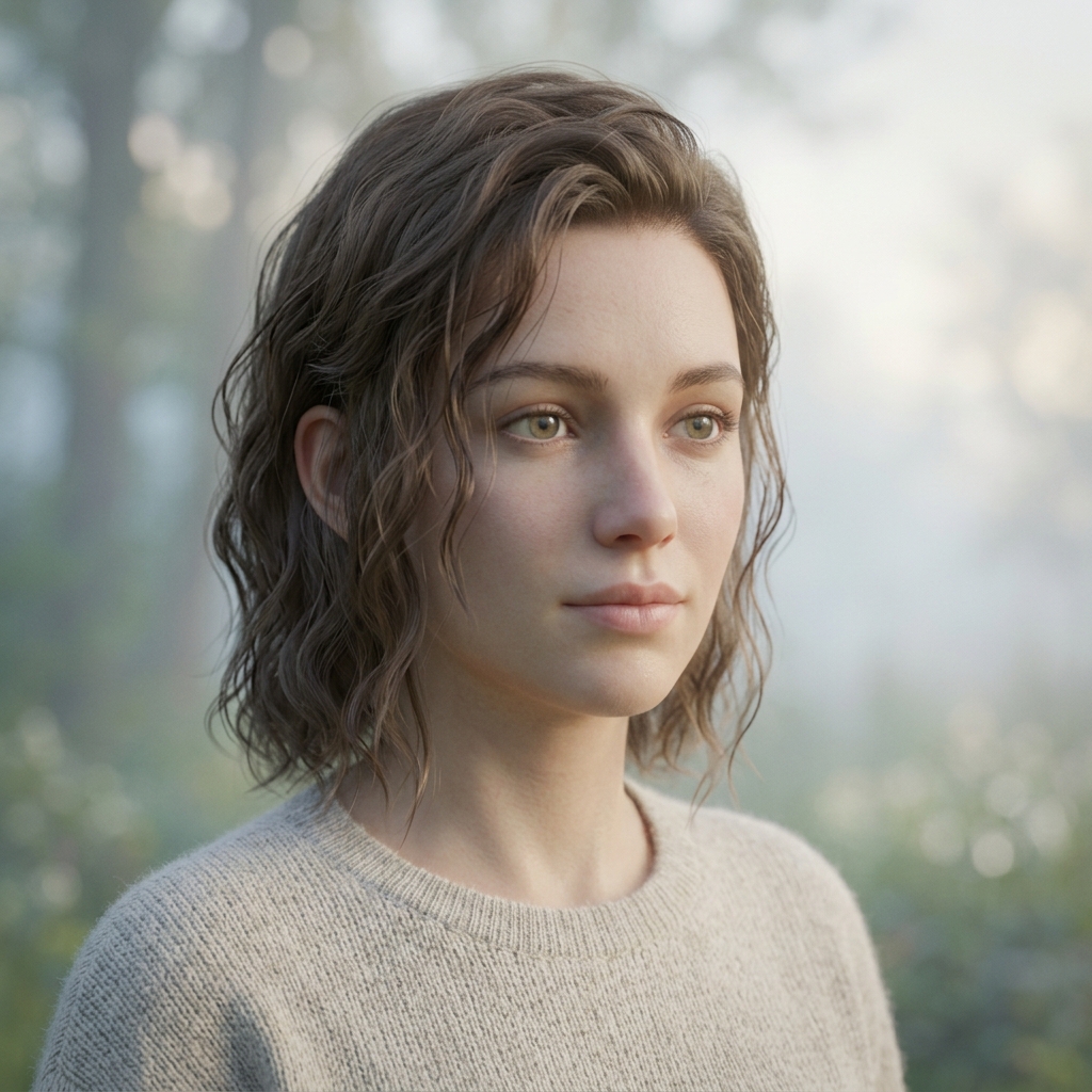 Soft 3d render of portrait of a fictional person with a natural expression, close-up detail with shallow depth of field, misty morning haze, dreamy, 1:1 aspect ratio