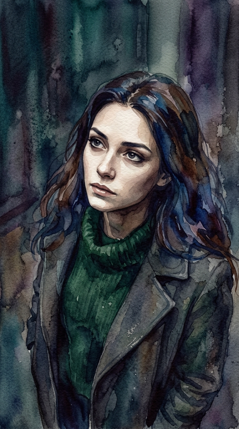 Watercolor illustration of portrait of a fictional person with a natural expression, high-angle view from above, moody dark tones, dramatic lighting, 9:16 aspect ratio