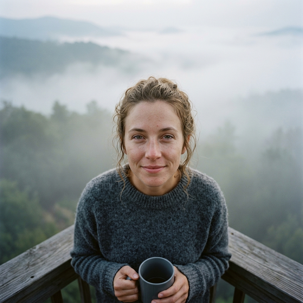 Photorealistic photo of portrait of a fictional person with a natural expression, high-angle view from above, misty morning haze, dreamy, 1:1 aspect ratio