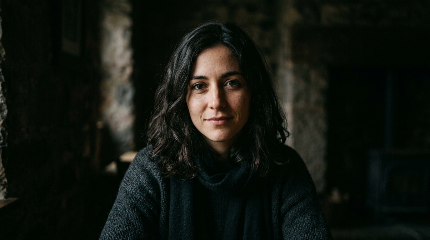 Photorealistic photo of portrait of a fictional person with a natural expression, centered subject with a simple uncluttered composition, moody dark tones, dramatic lighting, 16:9 aspect ratio
