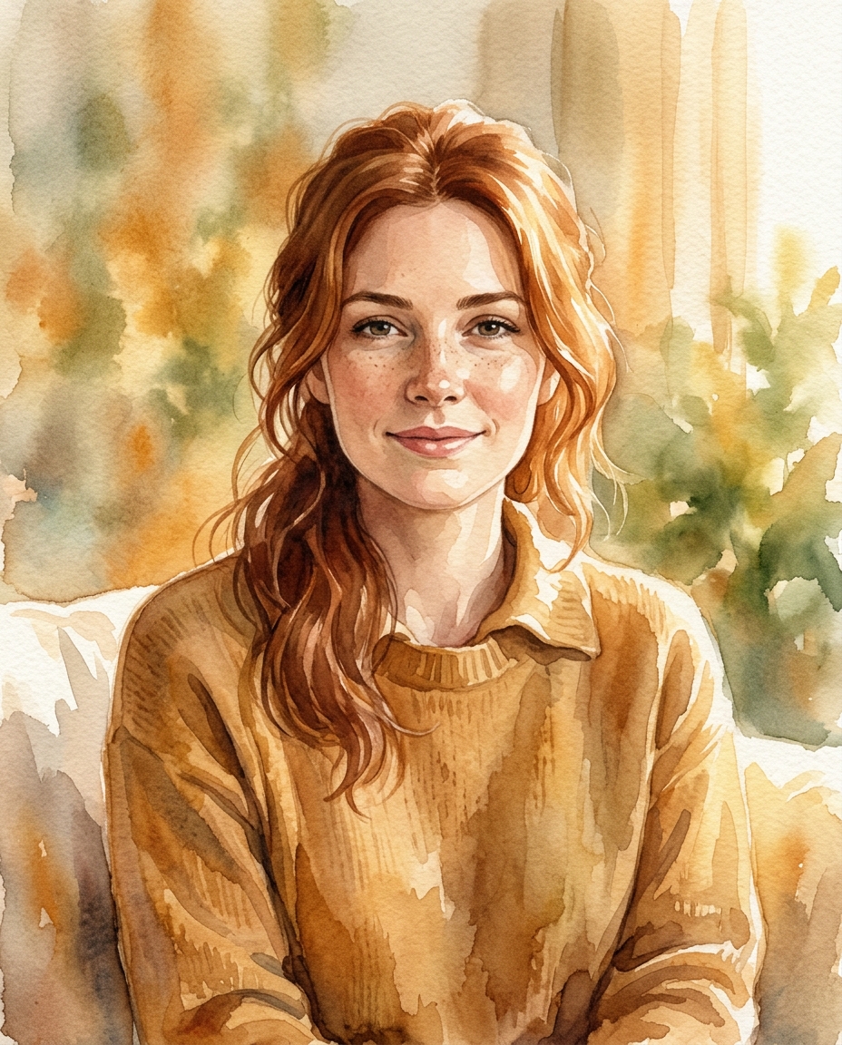 Watercolor illustration of portrait of a fictional person with a natural expression, centered subject with a simple uncluttered composition, warm golden light, calm mood, 4:5 aspect ratio