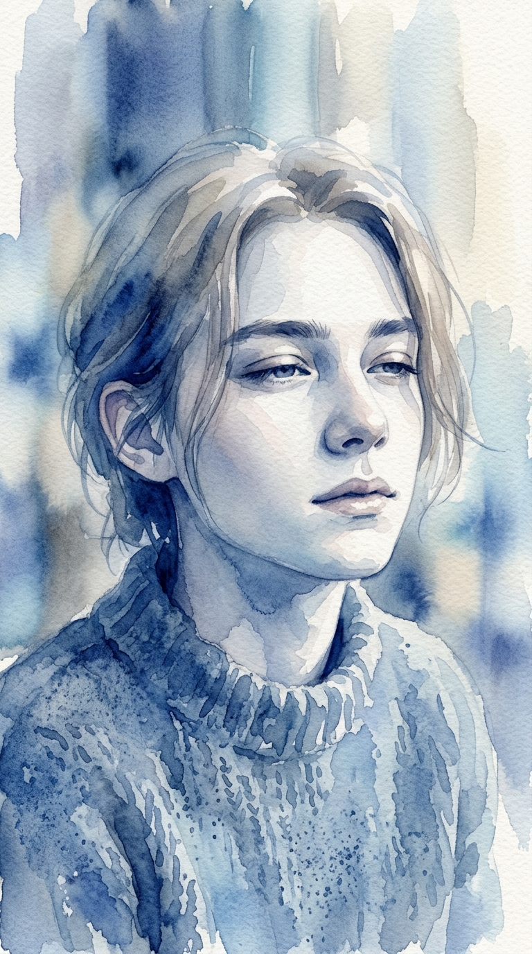 Watercolor illustration of portrait of a fictional person with a natural expression, close-up detail with shallow depth of field, cool blue tones, quiet atmosphere, 9:16 aspect ratio