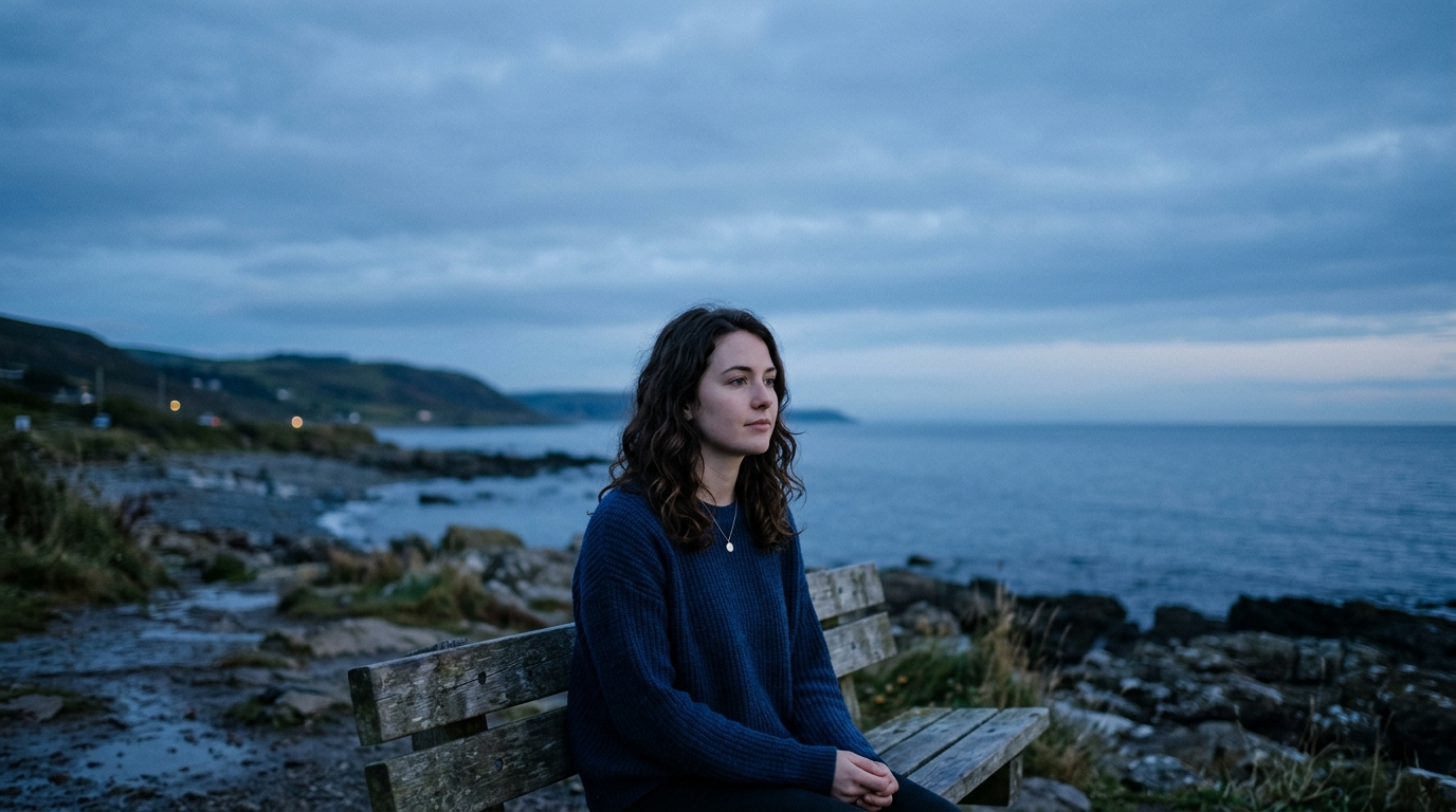 Photorealistic photo of portrait of a fictional person with a natural expression, wide shot with open space at the top for text, cool blue tones, quiet atmosphere, 16:9 aspect ratio