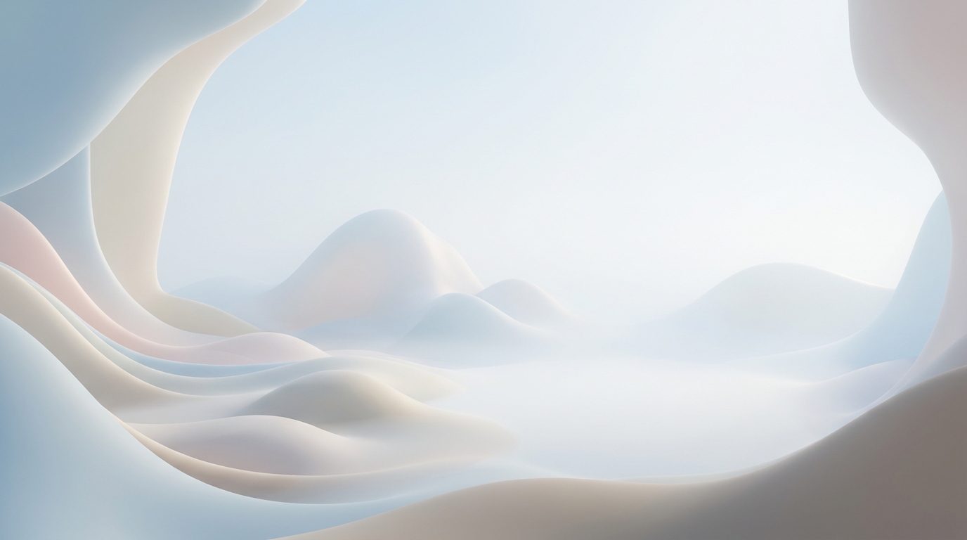 Soft 3d render of clean abstract background with soft shapes and a large empty area for text, simple balanced layout, misty morning haze, dreamy, 16:9 aspect ratio