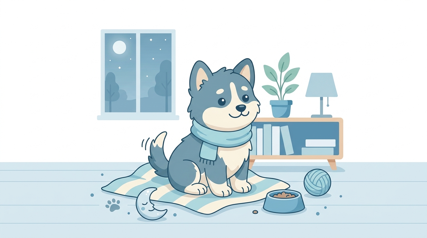 Flat vector illustration on a plain white background of a cute puppy, cheerful scene with gentle details, cool blue tones, quiet atmosphere, 16:9 aspect ratio