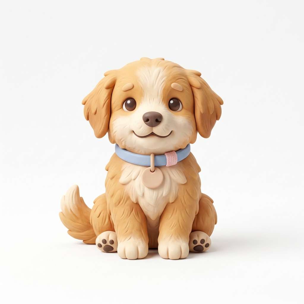 3d clay style illustration on a plain white background of a cute puppy, isolated single subject, centered, soft pastel colors, bright and cozy, 1:1 aspect ratio