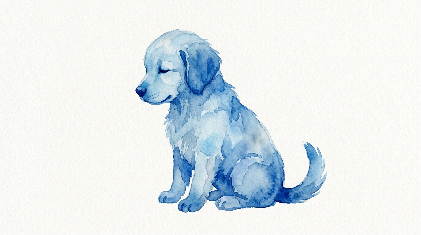 Watercolor illustration on a plain white background of a cute puppy, simple icon-like composition, cool blue tones, quiet atmosphere, 16:9 aspect ratio