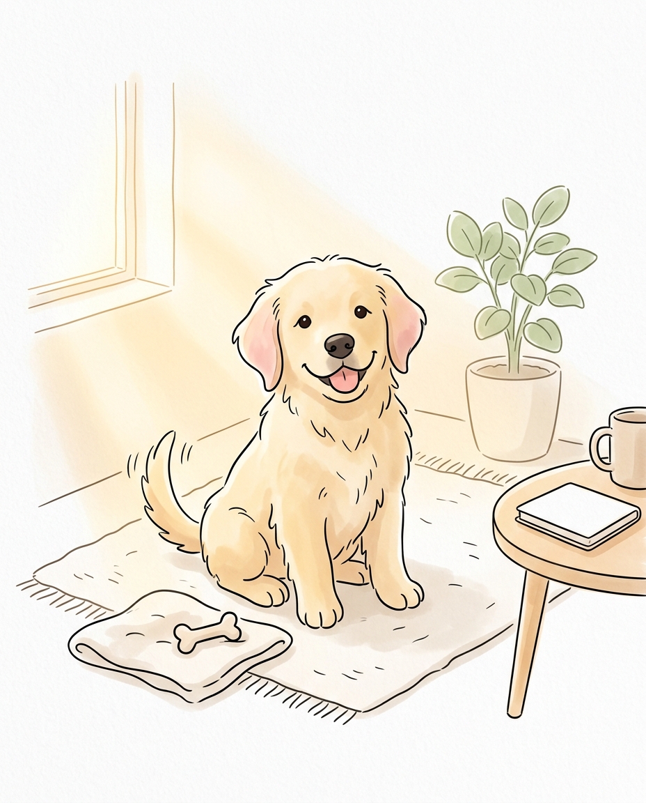 귀여운 강아지, 흰 배경 부드러운 색 선화, 밝은 장면과 부드러운 디테일, 따뜻한 황금빛, 차분한 분위기, 4:5 비율