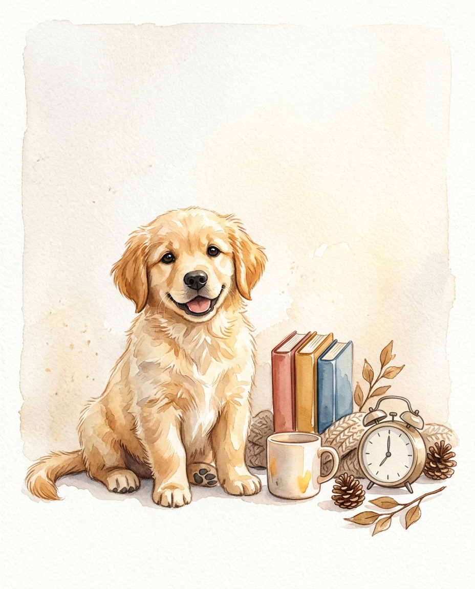 Watercolor illustration on a plain white background of a cute puppy, small set of several items arranged neatly, warm golden light, calm mood, 4:5 aspect ratio