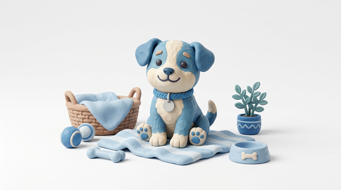 3d clay style illustration on a plain white background of a cute puppy, cheerful scene with gentle details, cool blue tones, quiet atmosphere, 16:9 aspect ratio