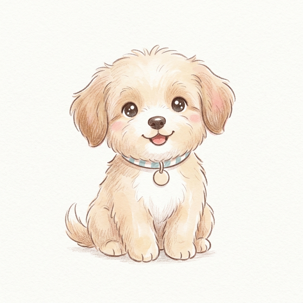 귀여운 강아지, 흰 배경 귀여운 손그림, 아이콘처럼 단순한 구도, 부드러운 파스텔 색감, 밝고 포근한 분위기, 1:1 비율