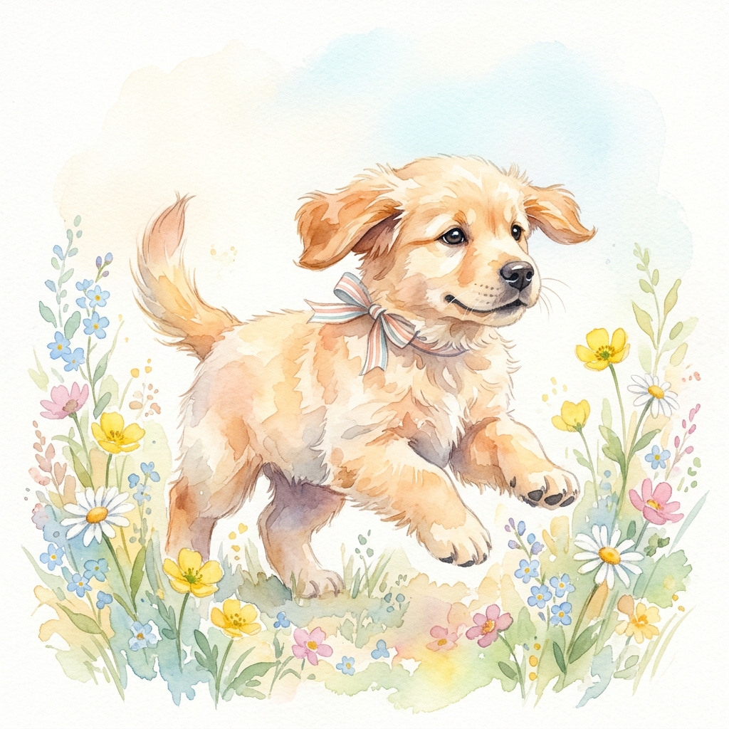 Watercolor illustration on a plain white background of a cute puppy, cheerful scene with gentle details, soft pastel colors, bright and cozy, 1:1 aspect ratio