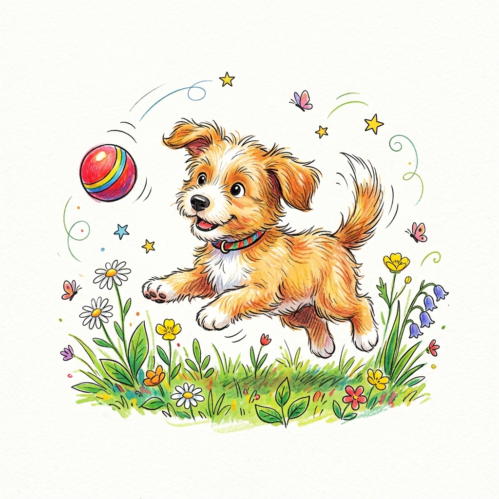귀여운 강아지, 흰 배경 귀여운 손그림, 밝은 장면과 부드러운 디테일, 선명한 색감, 강한 대비, 생동감 있는 분위기, 1:1 비율