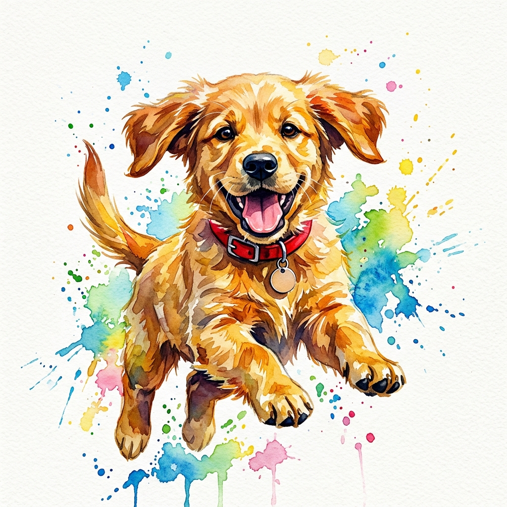 Watercolor illustration on a plain white background of a cute puppy, isolated single subject, centered, vivid colors, high contrast, energetic, 1:1 aspect ratio