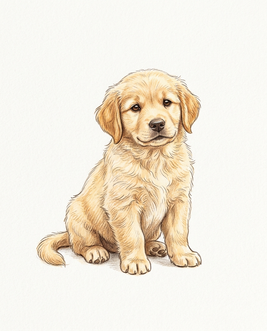 귀여운 강아지, 흰 배경 귀여운 손그림, 하나의 대상을 가운데 배치, 따뜻한 황금빛, 차분한 분위기, 4:5 비율