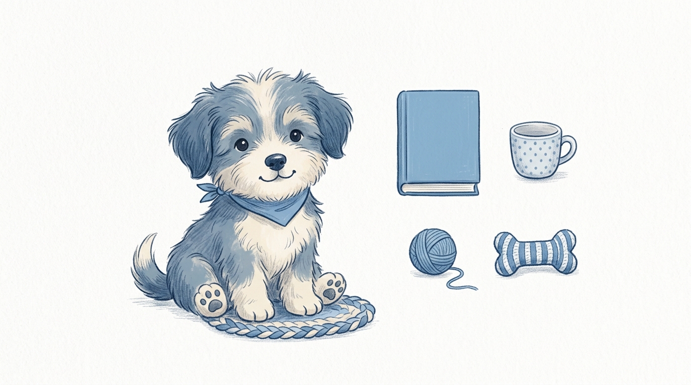 Cute hand-drawn illustration on a plain white background of a cute puppy, small set of several items arranged neatly, cool blue tones, quiet atmosphere, 16:9 aspect ratio