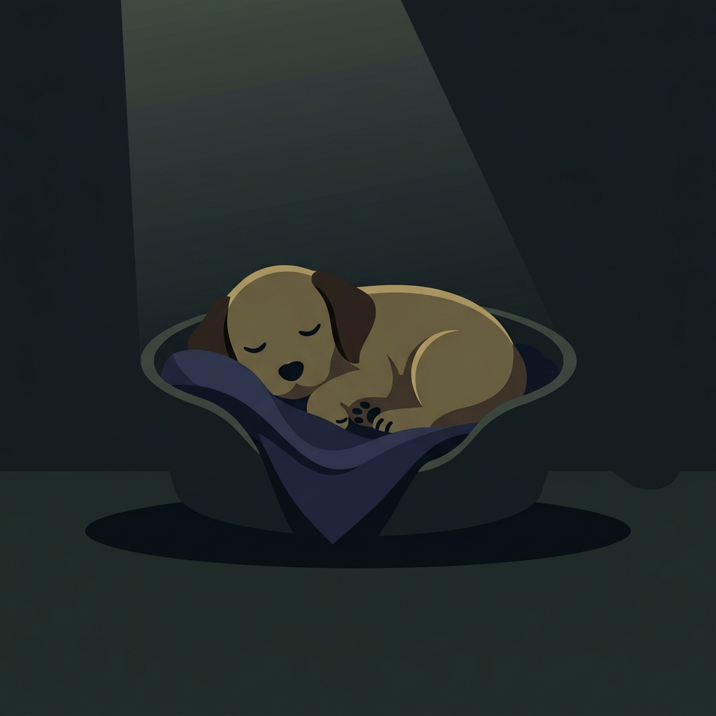Minimal flat illustration of puppy, centered subject with a simple uncluttered composition, moody dark tones, dramatic lighting, 1:1 aspect ratio