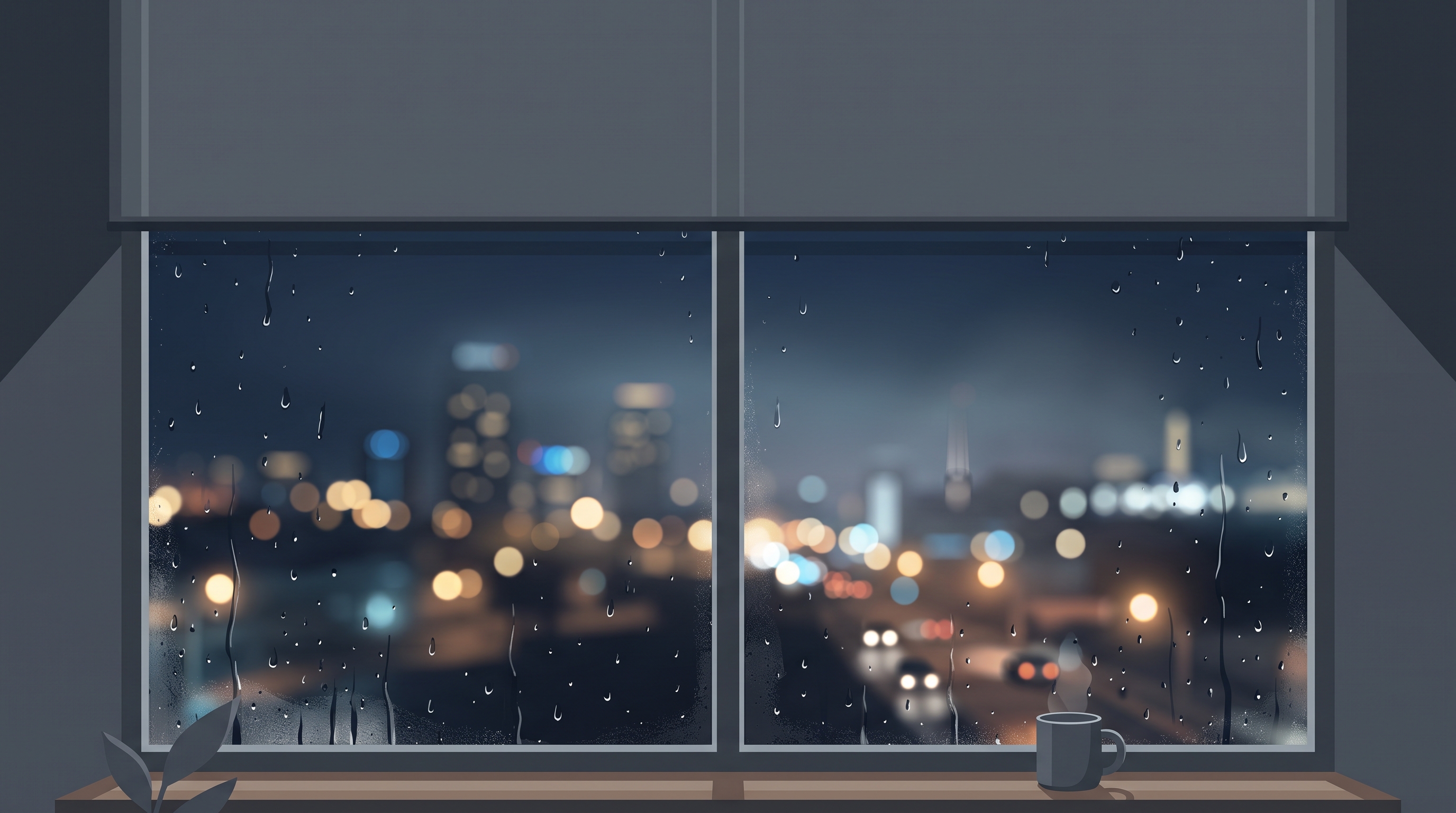 Minimal flat illustration of rainy window at night with blurred city lights outside, wide shot with open space at the top for text, misty morning haze, dreamy, 16:9 aspect ratio